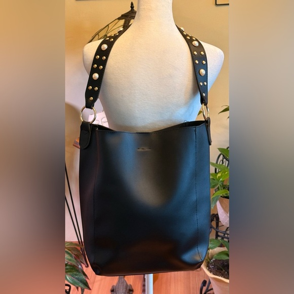 Koton Made In Turkey Hobo Shoulder Tote Studded Strap Velvet Front Patch Black - Picture 2 of 16